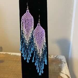 Boho Beaded Tassel Earrings. Purple, white and a couple shades of blue.